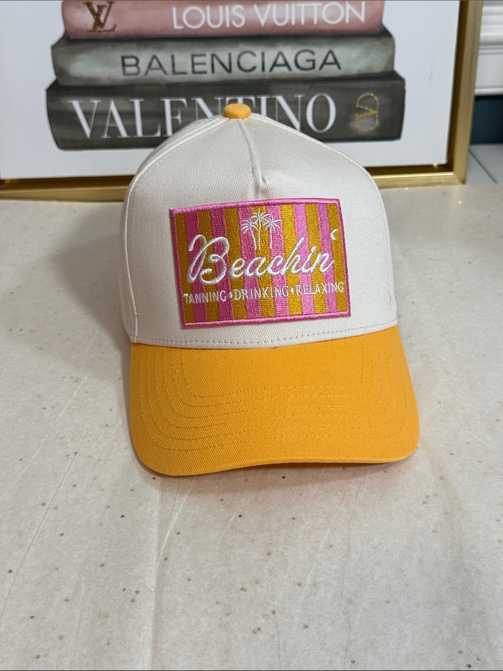 Trucker Hat for Women in Cream & Yellow with Pink Patch “Beachin’”